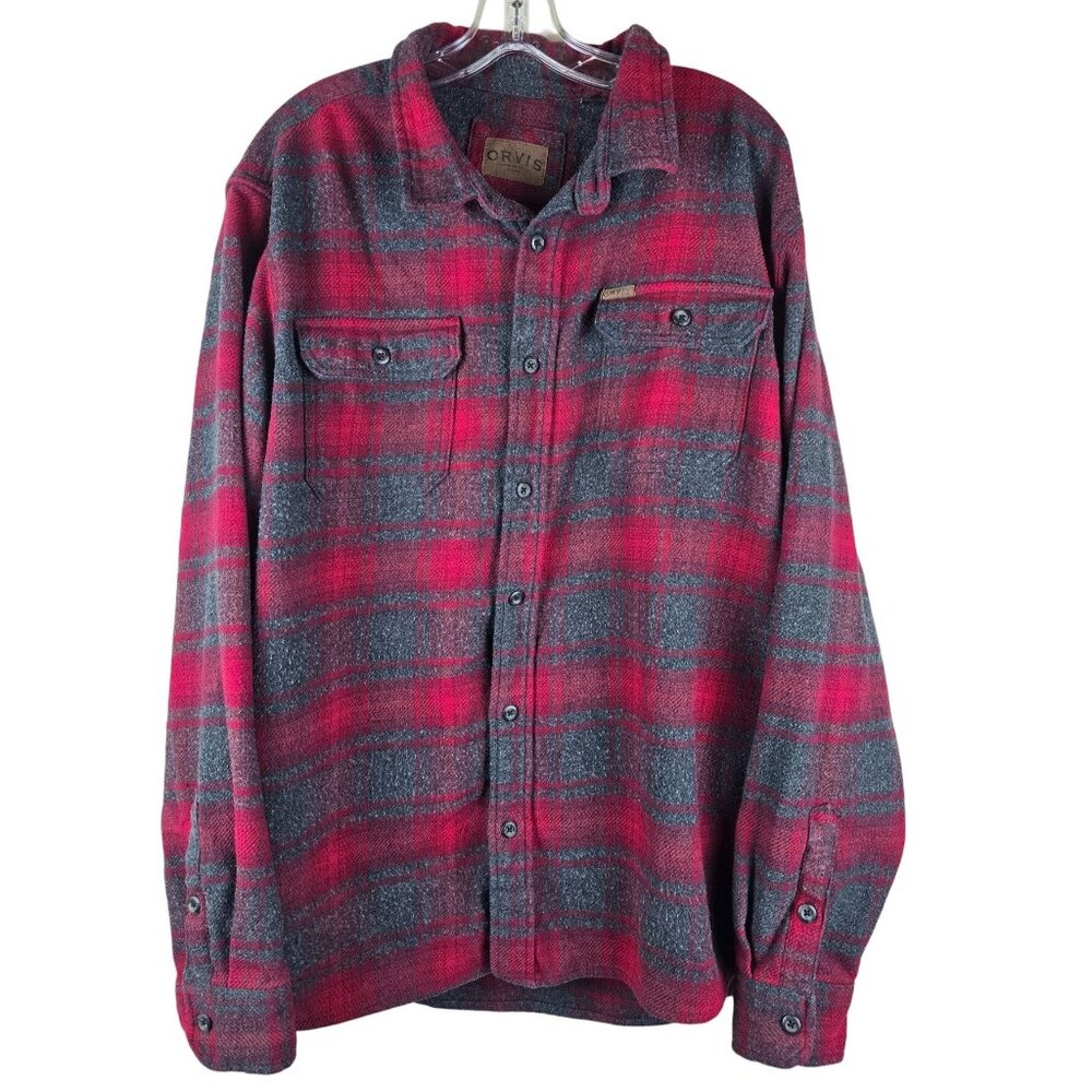 Orvis Red & Gray Plaid Flannel‎ Button-Up Heavyweight Shacket XXL Gorpcore